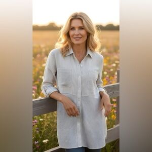 Sports Striped Button-Front Linen Shirt Button Cuff Long Sleeves Top